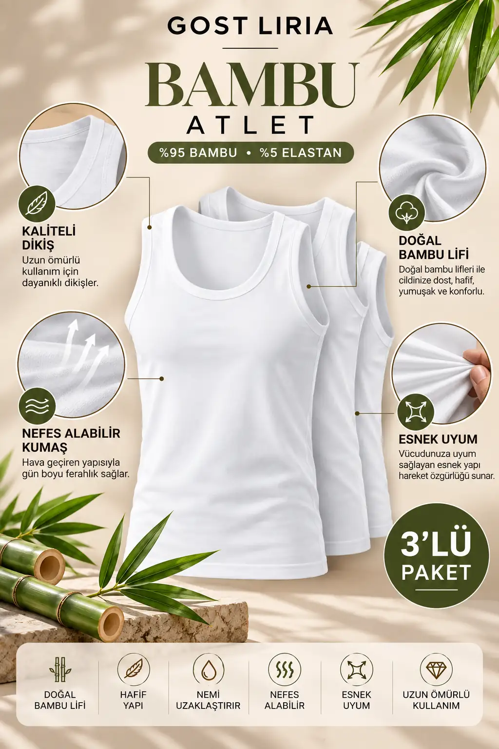 Erkek Bambu Atlet - 3 Lü Paket